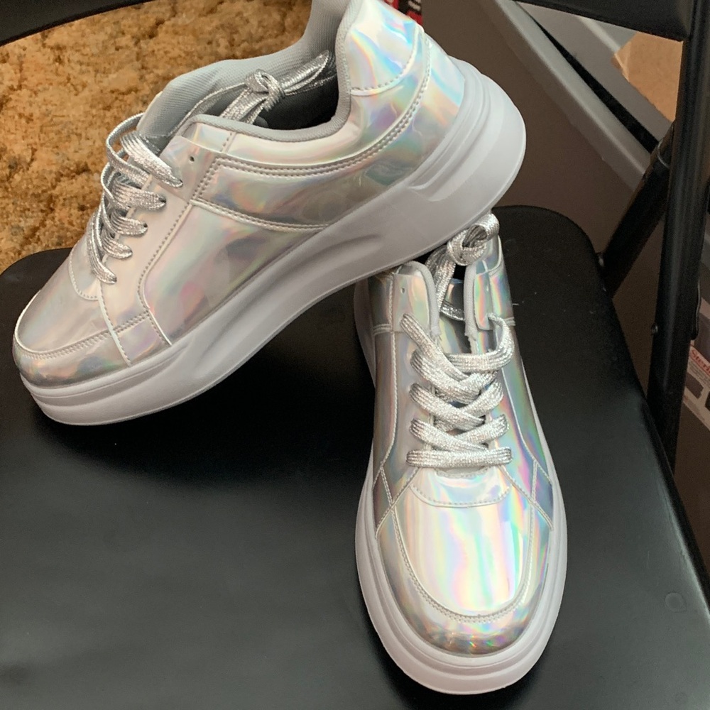 SHEIN HOLOGRAM Silver Sneakers with Chunky Platform Sole NEVER WORN